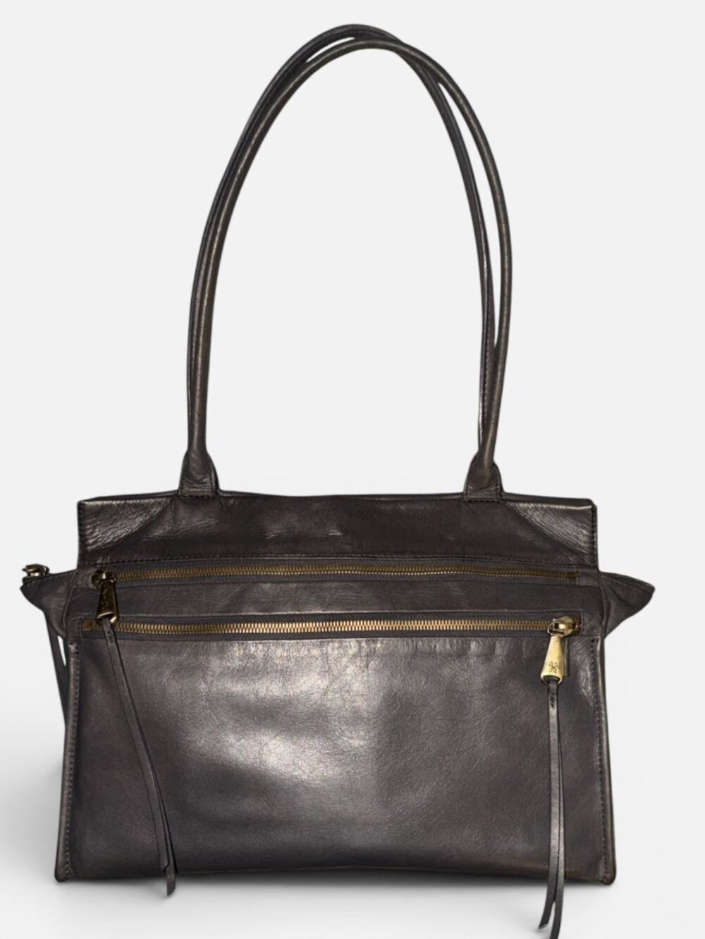 HOBO Seeker Shoulder Bag Slate Gray Polished Leather Brass Double Handle Satchel - Picture 3 of 8